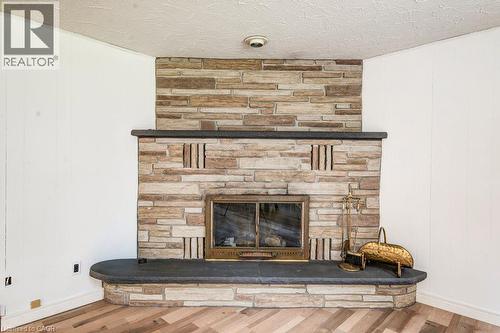 Stone-clad fireplace with a dark stone hearth and mantelpiece, set against vertical plank paneling - 109 White Oak Place, Waterloo, ON - Indoor With Fireplace