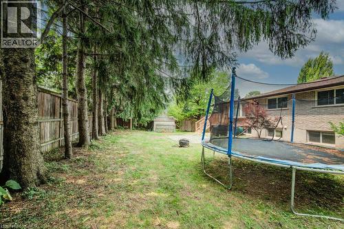 Expansive rear yard featuring mature evergreen trees, a wooden privacy fence, natural grass coverage, a fire pit, and a brick exterior dwelling with multiple windows and a brown shingle roof - 109 White Oak Place, Waterloo, ON - Outdoor