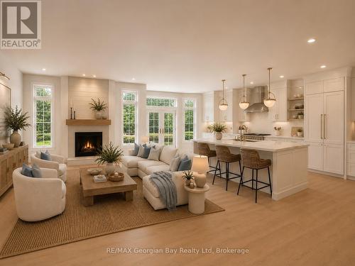 Great Room/Kitchen - Virtually Staged - 6 Beaufort Crescent, Tiny, ON - Indoor Photo Showing Living Room With Fireplace