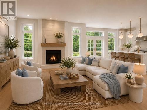 Great Room/Kitchen - Virtually Staged - 6 Beaufort Crescent, Tiny, ON - Indoor Photo Showing Living Room With Fireplace