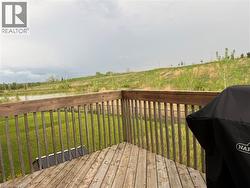 Outdoor wood deck with railing overlooking a pond and green landscape - 
