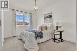 Bright room featuring a multi-pane window with white trim, a decorative ceiling fixture, light-colored carpeting, and white baseboards - 