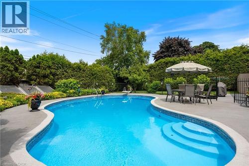 Freeform swimming pool with integrated steps and blue tile surround - 7 Thomson Road, Simcoe, ON - Outdoor With In Ground Pool With Backyard
