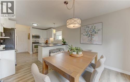 Open-concept kitchen and dining area featuring light wood-finish flooring, white cabinetry, stainless steel appliances, and a breakfast bar with dark countertops - 249 Dearborn Boulevard, Waterloo, ON - Indoor Photo Showing Dining Room