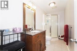 lower level Bathroom featuring a wood-finish vanity with a stone countertop, an integrated sink, and a framed mirror,  complete with a separate  shower - 