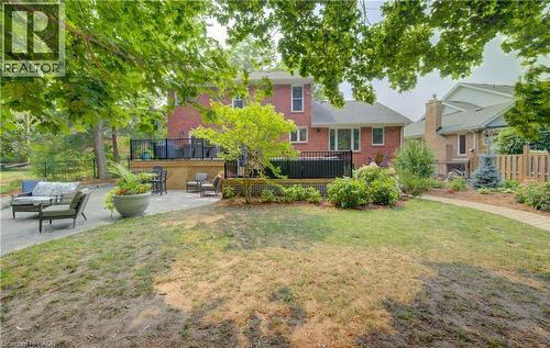 Expansive backyard featuring a multi-level deck with black railings, a large patio area, mature trees, and a winding stone pathway - 307 Grand River Boulevard, Kitchener, ON - Outdoor With Deck Patio Veranda