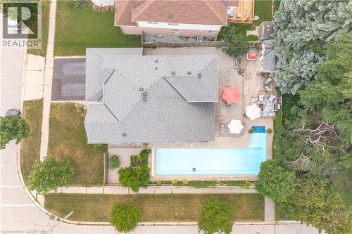 Expansive backyard featuring an in-ground swimming pool, a patio area, and mature perimeter trees - 79 Beaverbrook Crescent, Cambridge, ON -  With View