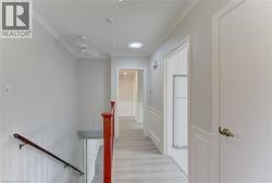 Upper-level hallway with wood-finish flooring, white paneling, crown molding, and a skylight - 