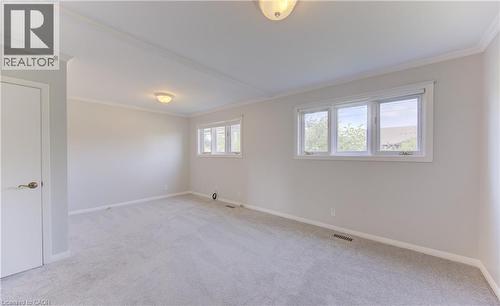 Spacious primary Bedroom featuring light gray carpet flooring, neutral painted walls, and white crown molding - 139 Trafalgar Avenue, Kitchener, ON - Indoor Photo Showing Other Room