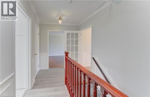 Upper-level hallway featuring light wood-finish flooring, white paneled walls, and crown molding. Stairs lead to finished basement with w/o - 139 Trafalgar Avenue, Kitchener, ON - Indoor Photo Showing Other Room