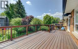 Expansive outdoor deck featuring wood-finish flooring and dark-stained railings with black balusters - 