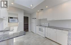 Kitchen featuring white cabinetry with silver-tone hardware, a built-in microwave niche, light-toned flooring, and speckled countertops - 