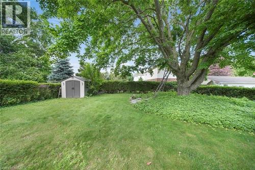 Expansive backyard featuring a mature tree with ground cover, a manicured lawn, and a storage shed with double doors - 1063 Joan Drive, Burlington, ON - Outdoor