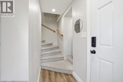 Carpeted staircase with light wood handrail, recessed lighting, and wood-finish flooring at the base - 773 Lawrence Road, Hamilton, ON - Indoor Photo Showing Other Room