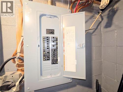 Electrical service panel with multiple circuit breakers, mounted on a painted concrete block wall - 22 Riverdale Drive Unit# 1, Hamilton, ON - Indoor