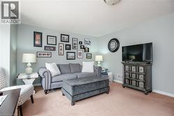 Carpeted living space with light blue-gray walls, a flush-mount ceiling light fixture, and white baseboards - 