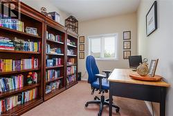 Carpeted room with a double-paned window, featuring built-in wood-finish shelving, and light-toned wall paint - 