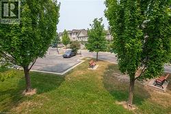 Manicured green space with mature trees and two park benches on concrete pads - 
