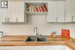 Kitchen featuring wood-finish countertops and a double basin sink with a gooseneck faucet - 