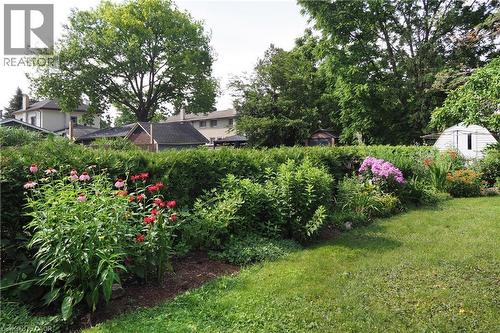 Expansive lawn with mature landscaping, including a dense hedge and perennial garden beds - 148 Tiffany Street, Cambridge, ON - Outdoor