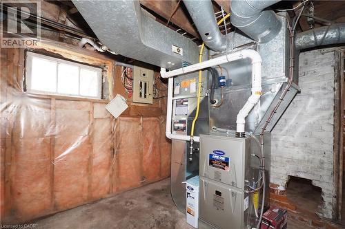 Utility area featuring a forced-air furnace, exposed ductwork, a small window, and a visible electrical panel - 148 Tiffany Street, Cambridge, ON - Indoor Photo Showing Basement