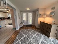 Entryway featuring wood-finish flooring and a contemporary flush-mount ceiling light - 