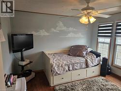 Bedroom featuring wood-finish flooring and light blue walls with cloud-themed detailing - 