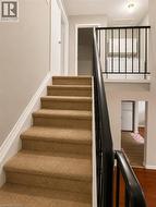 Carpeted staircase with dark baluster railing and white baseboards - 