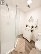 Modern bathroom featuring a glass-enclosed shower with frosted paneling, a white vanity with integrated sink, and wood-finish flooring - 