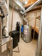 Mechanical room featuring a water heater, water softener, and furnace - 