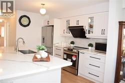 Kitchen featuring an expansive island with an undermount sink, white cabinetry with black hardware, stainless steel appliances, and wood-finish flooring - 