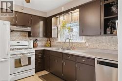 Kitchen featuring brown cabinetry, light-toned countertops, and a tiled backsplash - 