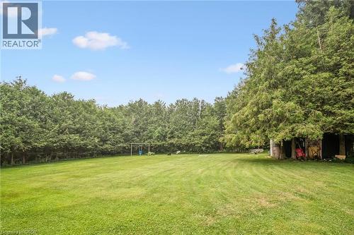 Expansive green lawn surrounded by mature trees, featuring a swing set and a rustic wooden shed - 7988 Wellington Road 12, Arthur, ON - Outdoor