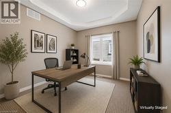 Room featuring tray ceiling, recessed lighting, double window with neutral curtains, and carpet flooring - 