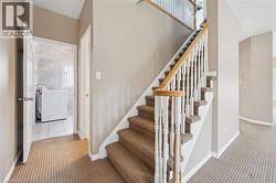 Carpeted staircase featuring white balusters and a natural wood handrail - 