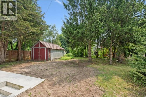 Expansive backyard featuring a red wood-sided shed with a metal roof, mature evergreen trees, a partial wood fence, and a concrete patio with steps - 245 Lowther Street S, Cambridge, ON - Outdoor