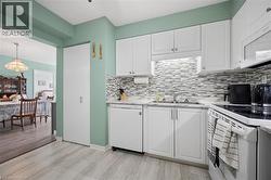 Kitchen featuring white cabinetry, a mosaic tile backsplash, wood-finish flooring, and a marble-pattern countertop - 