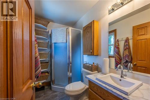 Bathroom featuring a glass-enclosed shower, wood-finish vanity with a rectangular basin, and a mirrored wall with overhead lighting - 5 Hawthorne Avenue, Simcoe, ON - Indoor Photo Showing Bathroom