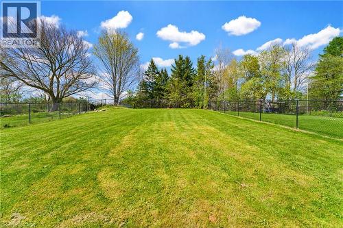 Expansive fenced yard featuring a manicured lawn, mature trees, and a clear blue sky - 29 Watson Crescent, Ayr, ON - Outdoor With View
