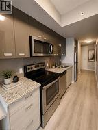 Contemporary kitchen featuring stainless steel appliances, speckled countertops, gray-toned flat-panel cabinetry, and wood-finish flooring - 