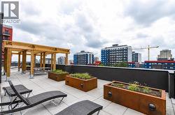 Expansive rooftop patio featuring a wooden pergola, multiple rectangular planters with greenery, and a tiled surface - 