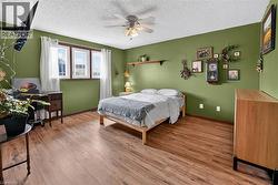 Spacious bedroom featuring wood-finish flooring, a multi-pane window, and a ceiling fan with integrated lighting - 