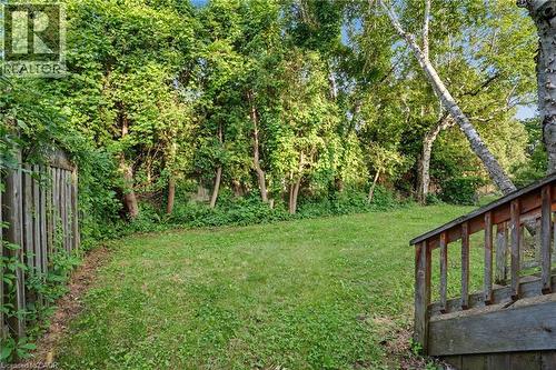 Grassy backyard featuring mature trees, a wood fence, and a wood deck railing - 47 Bowman Street, Hamilton, ON - Outdoor