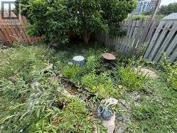 Landscaped garden area featuring a rock-lined water feature, mature tree, and varied plantings - 