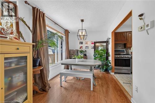 Hardwood-style flooring throughout the dining area, featuring a contemporary geometric pendant light fixture - 3 Orchard Parkway, Grimsby, ON - Indoor