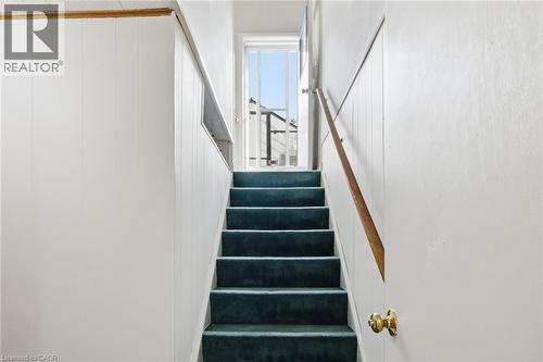 Carpeted staircase with a wood handrail leading to an upper level - 11 Summit Crescent, Guelph, ON - Indoor Photo Showing Other Room
