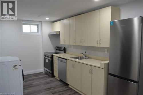Kitchen area featuring extensive cabinetry, stainless steel appliances, a double basin sink, and wood-finish flooring - 275 Locheed Drive Unit# Lower, Hamilton, ON - Indoor Photo Showing Kitchen