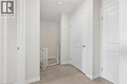 Carpeted interior hallway featuring multiple panel doors with satin nickel hardware, painted baseboards, and neutral wall tones - 