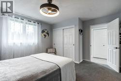 Room featuring light gray wall paint, a window with sheer white curtains, dark gray carpet flooring, two white paneled closet doors, and a contemporary ceiling fan with integrated lighting - 