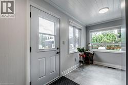 Entryway featuring a panel door with an upper window insert, multiple surrounding windows, light gray walls, and wood-finish flooring - 